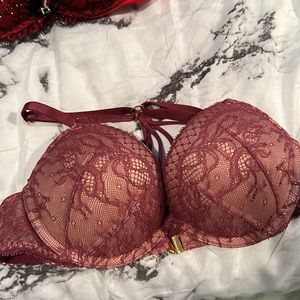 32A RACERBACK LACE WINE SNAP FRONT VICTORIA’S SECRET MIRACULOUS PLUNGE PUSH …